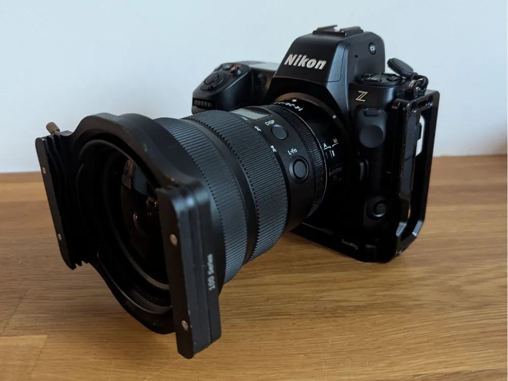 Nikon Z camera with a NIKKOR Z 14-24mm lens and a mounted Haida filter adapter.