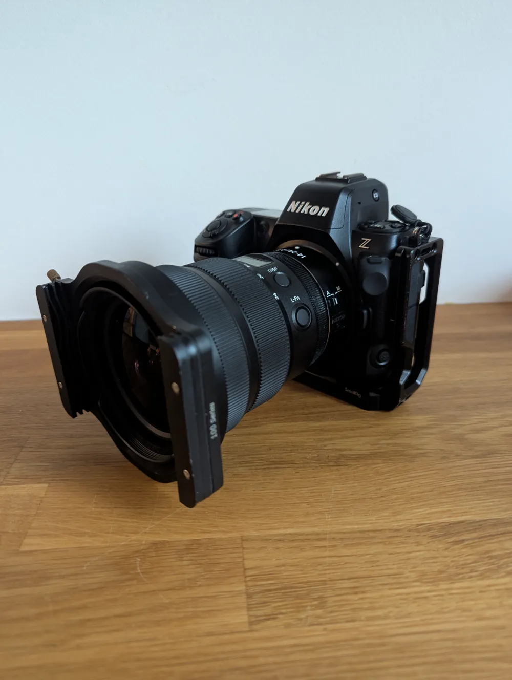 Side view of the NIKKOR Z 14-24mm lens with the custom Haida adapter mounted.