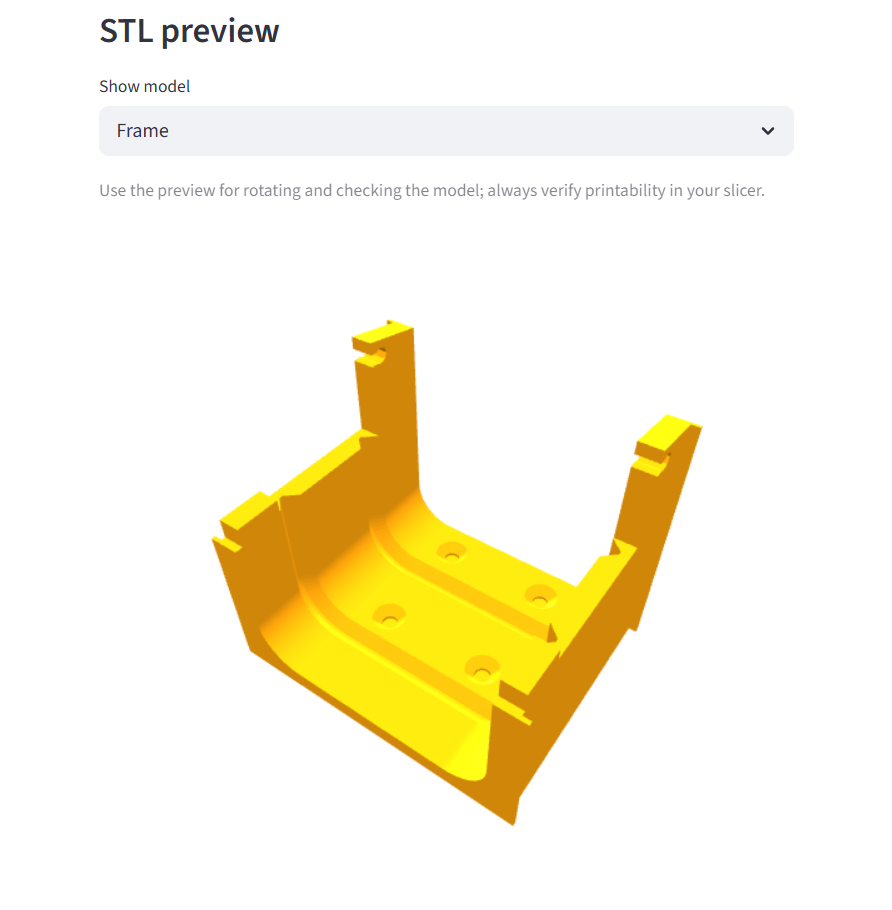 Interactive 3D preview of a generated part in the export step of the Streamlit app.