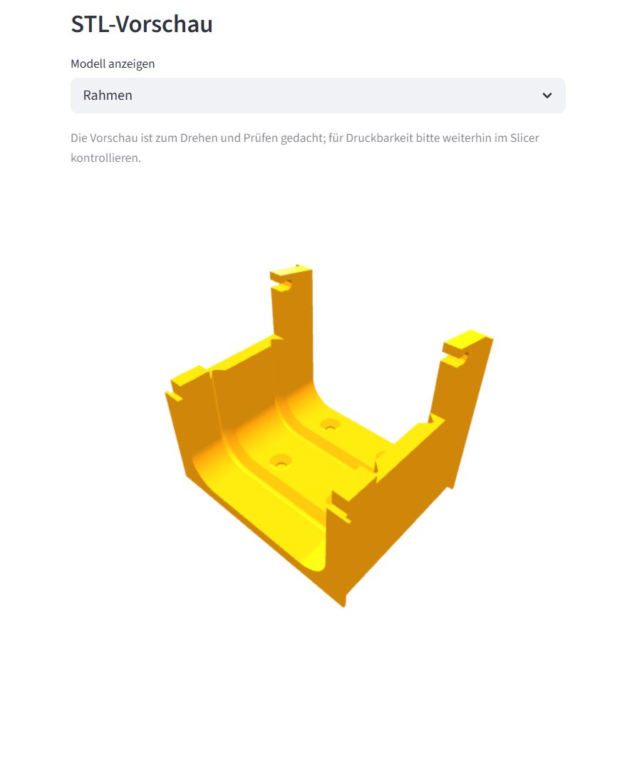 Interaktive 3D-Vorschau eines erzeugten Bauteils im Export-Schritt der Streamlit-App.