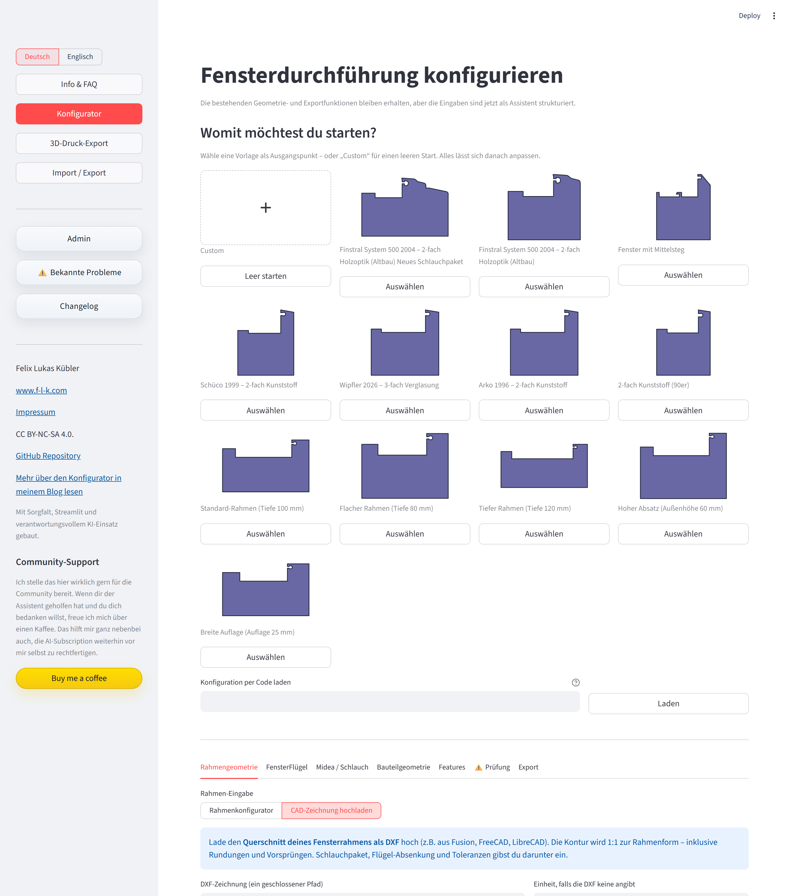 DXF-Upload-Modus der Streamlit-App mit Hinweis, dass die Kontur 1:1 zur Rahmenform wird.