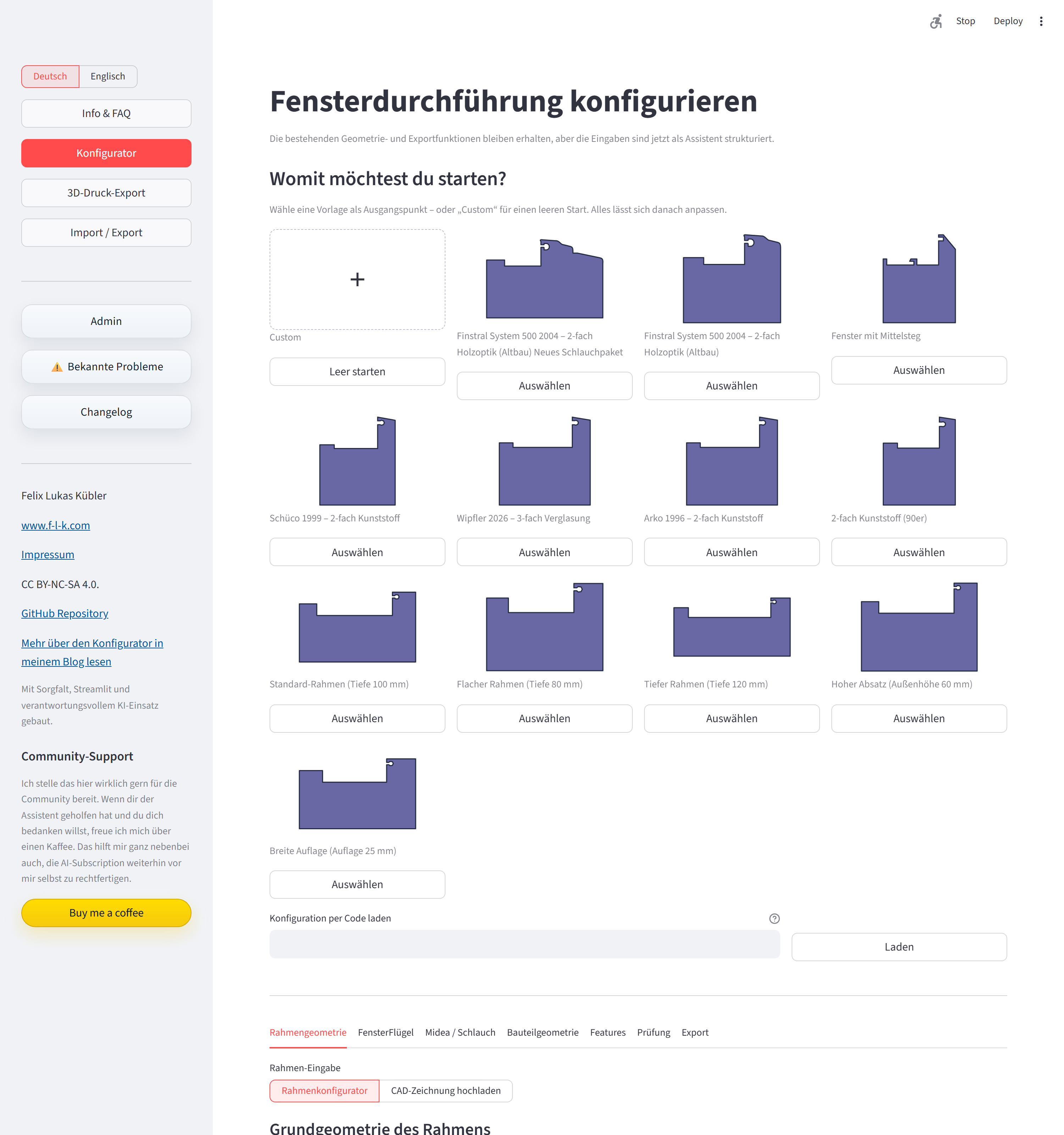 Vorlagenauswahl der Streamlit-App mit verschiedenen Fensterrahmen-Profilen.