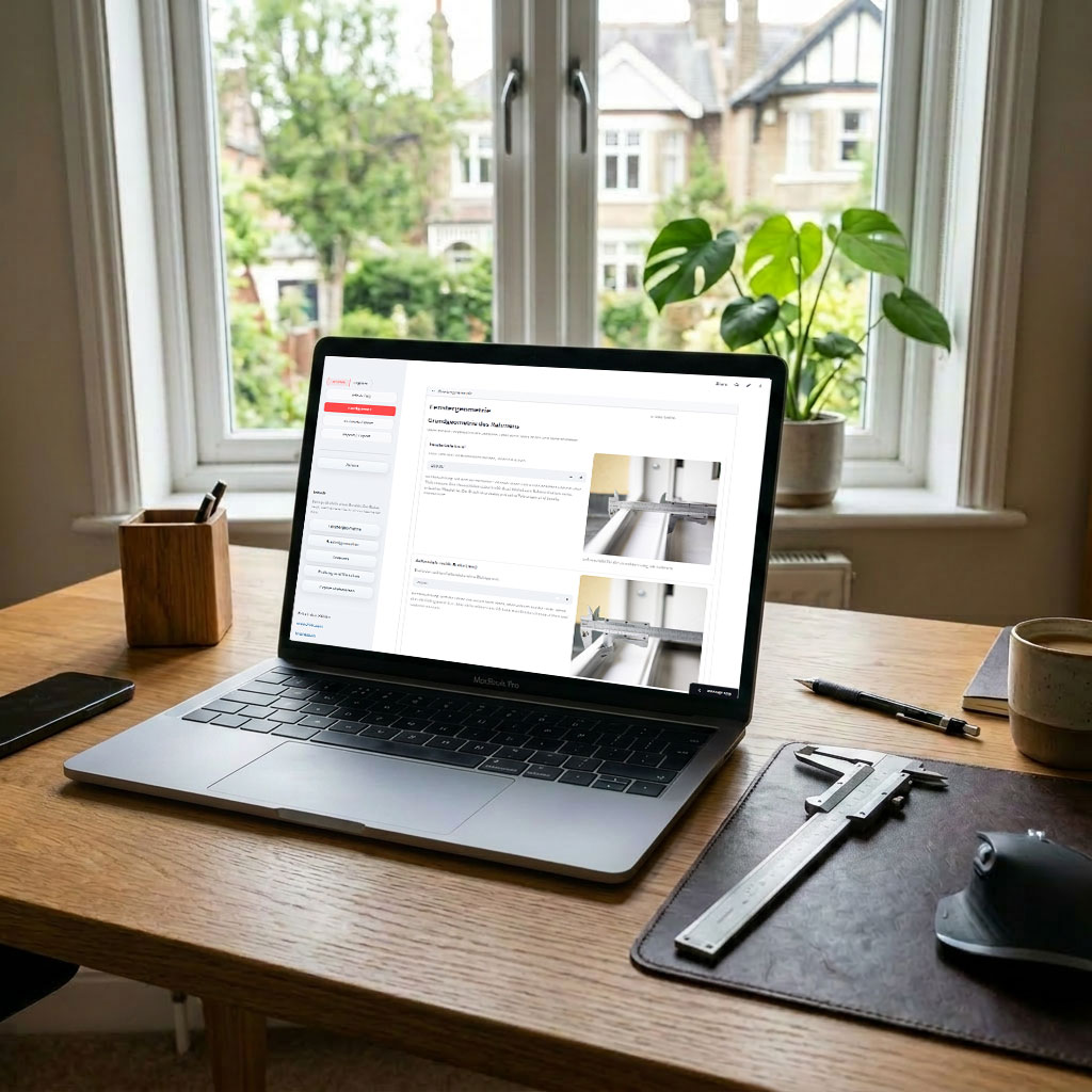 Laptop auf einem Schreibtisch mit geöffneter Streamlit-App zur Fenstergeometrie, daneben ein Messschieber.