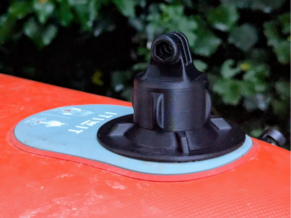 3D printed GoPro adapter mounted to the valve of a stand-up paddle board.